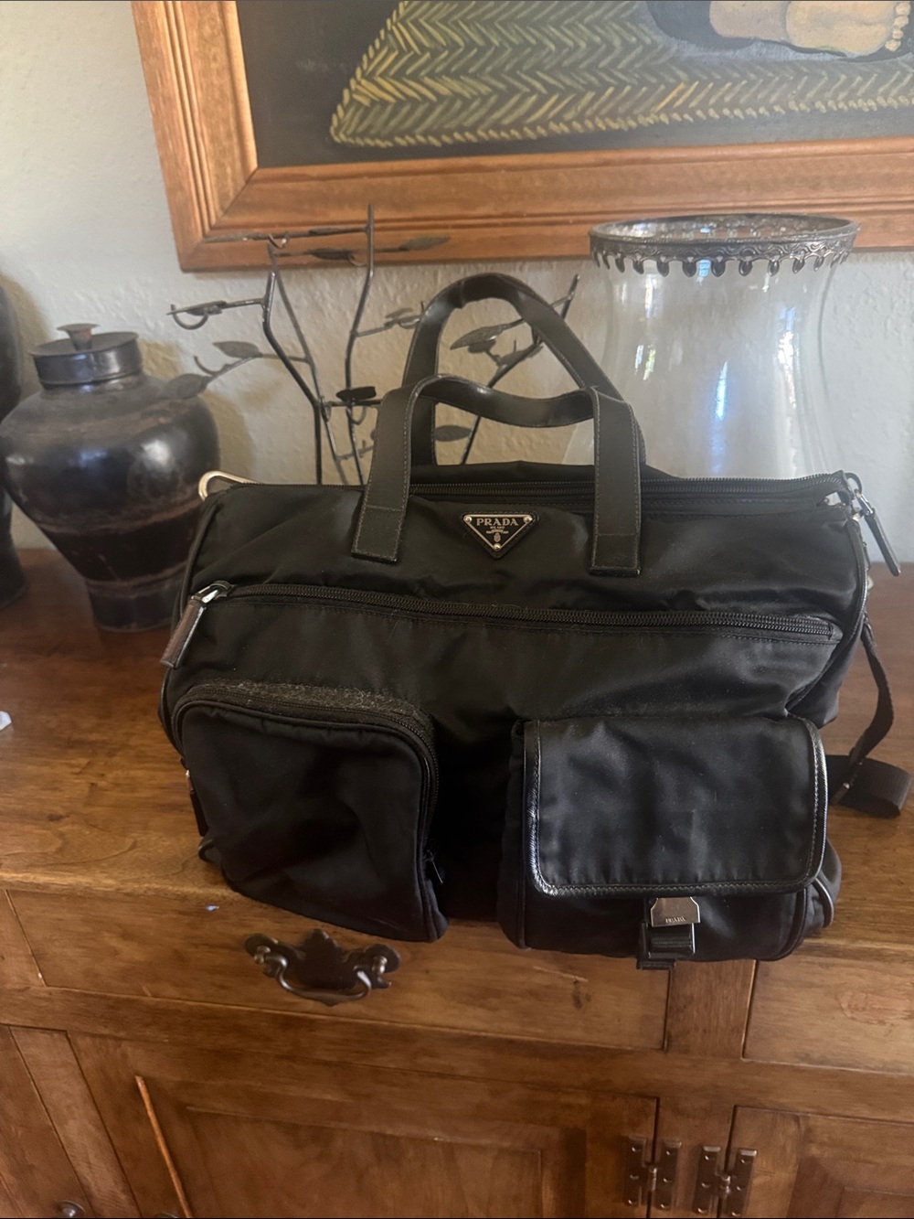 Prada Black Nylon Duffel Bag with Front Pockets